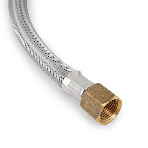 Stainless steel braided propane hose end with brass 3/8-in female flare fitting.