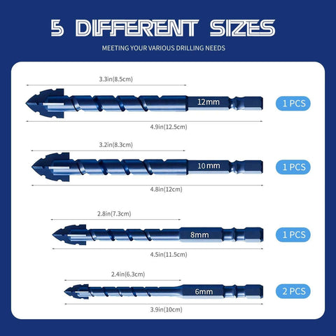 Blue upgraded serrated masonry drill bit set with four sizes: 12mm (1pc), 10mm (1pc), 8mm (1pc), 6mm (2pcs).