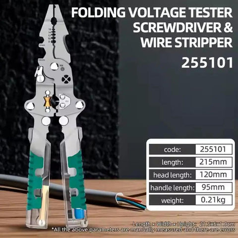 8 In 1 Wire Stripper With Voltage Tester Foldable Multifunction Pliers featuring measurements and specifications on display.