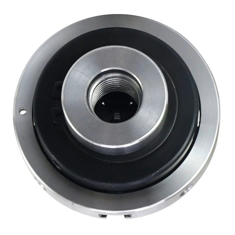 Close-up of 4 Inch Wood Lathe Chuck With 4 Jaws Self Centering For Woodturning, Steel Construction With 1 x 8TPI Thread, top view.