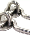 Close-up of Top Shelf Stainless Steel Cabin Hooks And Eye Latches for Shed Doors, 6 inch heavy duty rustproof design.