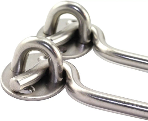 Close-up of Top Shelf Stainless Steel Cabin Hooks And Eye Latches for Shed Doors, 6 inch heavy duty rustproof design.