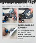 ASA Ratchet Multi Angle Miter Shear Cutter slicing PVC pipe with smooth, even cuts; blade replacement demonstrated in images.