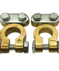 Premium Brass Battery Terminal Connectors engineered for marine car boat and RV applications, showing brass clamps with bolts.