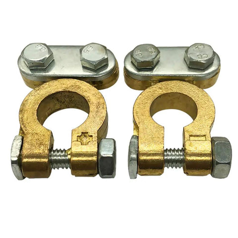 Premium Brass Battery Terminal Connectors engineered for marine car boat and RV applications, showing brass clamps with bolts.