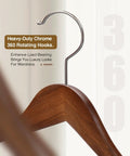 Close-up of Six Pack Wide Shoulder Walnut Wooden Hangers With Heavy Duty Rotating Hooks Non Slip Pants Bar Smooth Finish Solid Wood
