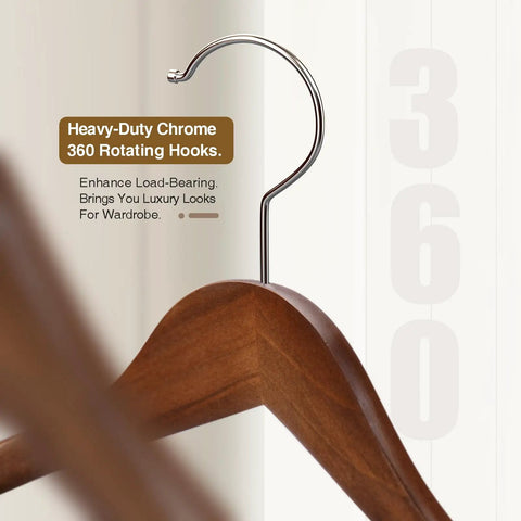 Close-up of Six Pack Wide Shoulder Walnut Wooden Hangers With Heavy Duty Rotating Hooks Non Slip Pants Bar Smooth Finish Solid Wood