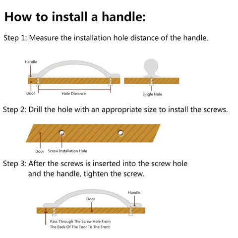 Illustration showing steps to install a handle on a door, focusing on measurement, drilling, and securing with screws.
