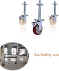 Set Of Two Tough As Nails Swivel Scaffold Wheels With 15 Cm Threaded Stem Industrial Casters Featuring Tight Dual Brake Lock and Rivet Reinforced Base For Job Site Mobility And Furniture Moving shown with varied wheel colors and heights.