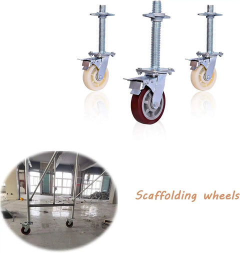 Set Of Two Tough As Nails Swivel Scaffold Wheels With 15 Cm Threaded Stem Industrial Casters Featuring Tight Dual Brake Lock and Rivet Reinforced Base For Job Site Mobility And Furniture Moving shown with varied wheel colors and heights.