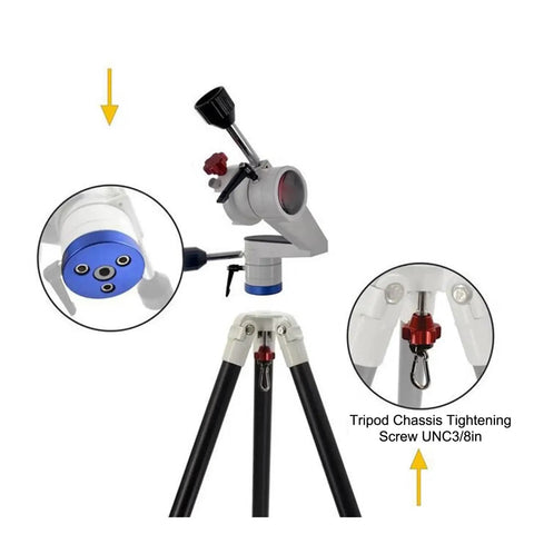 Rock Solid Telescope Mount Stand For Planetary Imaging With Ergonomic Viewing Height Two Section Tripod Three Eighths Inch Interface And Heavy Duty Fifteen Kilogram Load Capacity Easy Setup For Stable Night Sky Viewing showing detailed base and adjuster