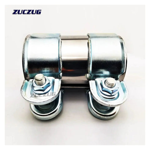 Front view of galvanized steel exhaust pipe connector clamp with central sleeve and twin bolts for 1.5–3.0 in pipes (95 mm)