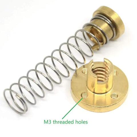 T8 Anti Backlash Spring Loaded Nuts Set Of 2 With Four M3 Holes For Acme Tr8x2 Lead Screw shown with spring and brass nut