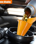 Long Neck Oil Funnel Set 2 Pack Small Plastic Spill Saver Funnels for Automotive Oils Water Diesel Lubricants Engine Oil and Other Liquids Multi Function Handy Car Garage Tool being used to pour oil into a car engine
