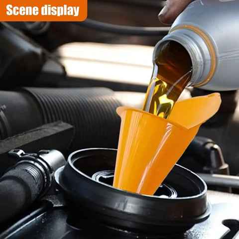 Long Neck Oil Funnel Set 2 Pack Small Plastic Spill Saver Funnels for Automotive Oils Water Diesel Lubricants Engine Oil and Other Liquids Multi Function Handy Car Garage Tool being used to pour oil into a car engine