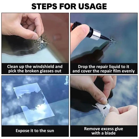 Steps to use the Windshield Repair Kit 10 Pack With Nano Glass Repair Fluid For Chips And Cracks Quick Fix Works On Laminated Glass.