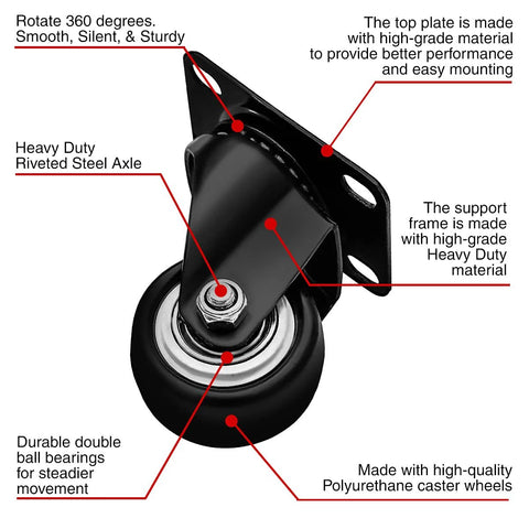 Swivel Caster Wheels Set Rubber Base With Top Plate Bearing Heavy Duty Pack Of 4 Black Non Brake 1.5 Inch Casters close-up view