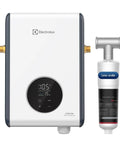 14Kw Electric Tankless Water Heater Point Of Use 240V Appliance Features Scale Inhibitor Filter with digital controls and sleek design.
