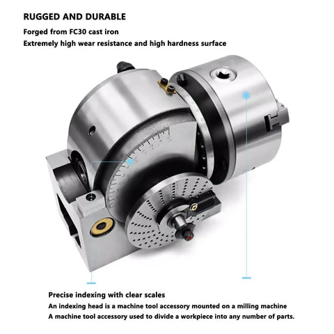 Badass Universal Indexing Head With Direct 3 Jaw Mount, forged from cast iron, for precise milling tasks, showing scales and adjustments.
