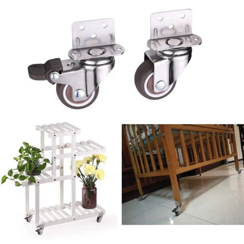 Top Shelf Swivel Casters With Brakes And Slick Nylon Wheels for flower stands and furniture on a plant stand and crib.
