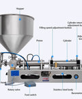 Boss Level Pneumatic Paste Filling Machine Effortlessly Switching Between Button Manual And Steady Auto Cycle, Heavy Duty Stainless Body With Leak Proof Nozzle for thick lubes and creams with labeled components.