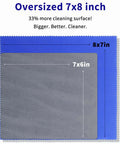 Blue oversized microfiber glasses cleaning cloth with gray inner panel; outer 8x7 in, inner 7x6 in.