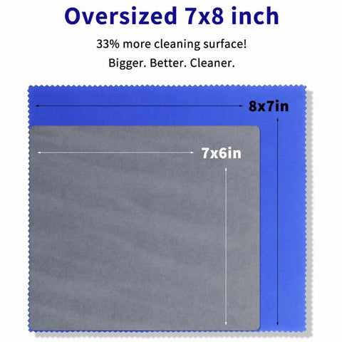 Blue oversized microfiber glasses cleaning cloth with gray inner panel; outer 8x7 in, inner 7x6 in.
