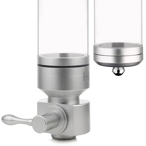 Wall Mounted Coffee Bean Dispenser And Tea Jar Keeps Your Daily Grind Locked Tight For Quick Grab Access While Saving Precious Counter Space With A Smooth Clear Display Rack In Sleek Silver Finishes, close-up of dispenser mechanism.