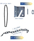 Garage door jackshaft hoist components: 41# steel roller chain, chain keeper bracket, 1/4 in square key, C clip, and 26 ft hand chain.
