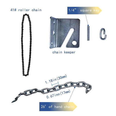 Garage door jackshaft hoist components: 41# steel roller chain, chain keeper bracket, 1/4 in square key, C clip, and 26 ft hand chain.