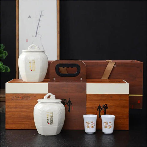 Top Shelf Ceramic Storage Jars With Lids Airtight Double Pantry Set Including Two Matching Teacups for tea and spices.