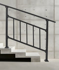 Heavy Duty 4 Step Stair Rail With Integrated Safety Fence And Rock Solid Steel Handrail For Outdoor Indoor Stairs Built Tough Against Rust Formation With Wide Base Mounting Plate For Easy Weekend Install, side view on stairs.