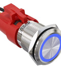 Close-up of a 19mm latching push button switch with angel eye LED halo ring 12V DC blue in a metal body with wire socket plug