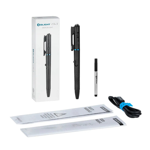 O'Pen 3 EDC Pen Light Go-To 4 in 1 Bolt Action USB C Rechargeable Flashlight with accessories and packaging displayed