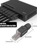 Tool Free RJ45 Connector For CAT6 Gold Plated Modular Plug No Crimp Needed Easy DIY Friendly Install UTP CAT6 Connector For 23 To 26 AWG Network Cable Six Pack Black shown inserted into a network device, dimensions labeled.