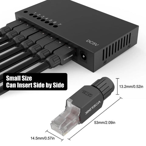 Tool Free RJ45 Connector For CAT6 Gold Plated Modular Plug No Crimp Needed Easy DIY Friendly Install UTP CAT6 Connector For 23 To 26 AWG Network Cable Six Pack Black shown inserted into a network device, dimensions labeled.