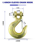 Beefy Heavy Duty Forged G70 Clevis Slip Hooks With Safety Latch One Quarter Inch Chain Hooks Twelve Pack For Trailer And Truck Transport One Half Inch Opening 12600 Lb Capacity Industrial Grade Tow Hooks close-up with dimensions