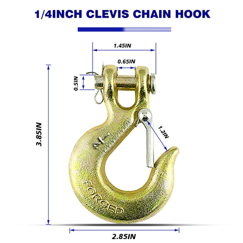 Beefy Heavy Duty Forged G70 Clevis Slip Hooks With Safety Latch One Quarter Inch Chain Hooks Twelve Pack For Trailer And Truck Transport One Half Inch Opening 12600 Lb Capacity Industrial Grade Tow Hooks close-up with dimensions