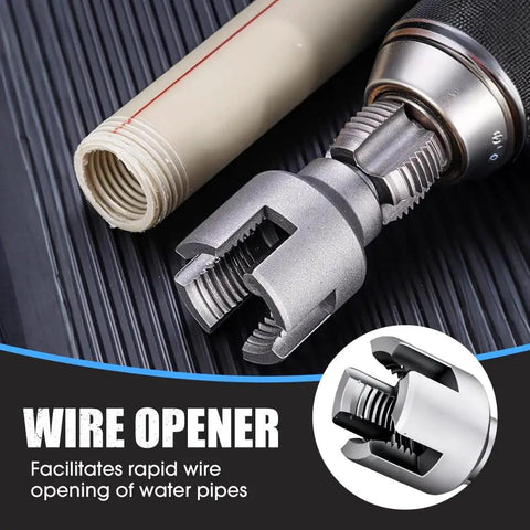 Heavy Duty Pipe Thread Cutter And PVC Threading Tool Kit For All Electric Drills Pro Grade Carbon Steel Dual Function Internal And External Threader For One Half Inch And Three Quarter Inch PVC Pipes Easy To Use At Home Or DIY Friendly Workshop with metal gear, close-up view.