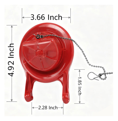 Top view of red durable plastic Toilet Baffle Replacement For GA715014-GEG1 with dimensions and attached metal chain.