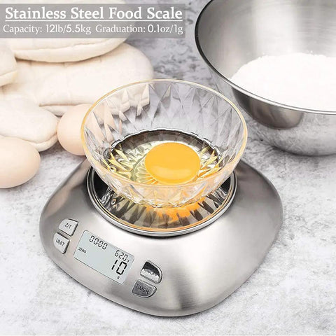 Removable Bowl Kitchen Scale 2.5L Capacity 12 lb 5.5 kg Stainless Steel Food Scale with backlit display, egg in glass bowl