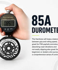 Hand holding durometer measuring 85A on inline skate wheel, part of Eight Pack Inline Skate Wheels Set 72mm 76mm 80mm With ABEC9 Bearings And 85A PU Durometer For A Smooth, Fast Spin And A Dope Ride, Fits Rollerblade Roller Derby And K2 Skates, Replacement Wheels With Spacers