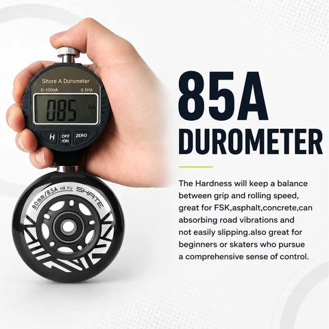 Hand holding durometer measuring 85A on inline skate wheel, part of Eight Pack Inline Skate Wheels Set 72mm 76mm 80mm With ABEC9 Bearings And 85A PU Durometer For A Smooth, Fast Spin And A Dope Ride, Fits Rollerblade Roller Derby And K2 Skates, Replacement Wheels With Spacers