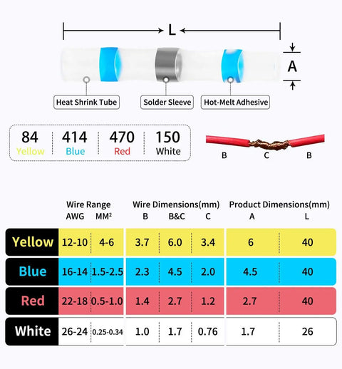 1118 Piece Waterproof Solder Seal Wire Connectors Kit Heavy Duty Heat Shrink Butt Connectors with size details and color coding.