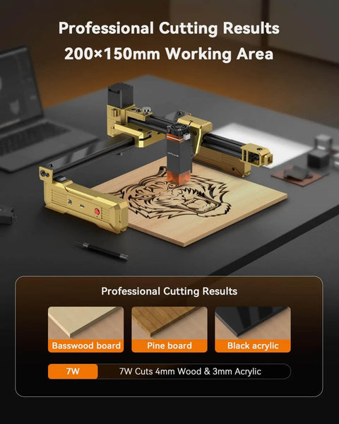 Artilume T1 foldable laser engraver (gold/black) angled front view on wood with 200x150mm working area.