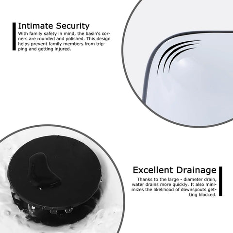 Close-up of drain and polished edge of White Ceramic Oval Vessel Sink 23 By 16 Inch Modern Above Counter Bathroom Lavatory Vanity Basin With Premium Glaze Scratch Resistant