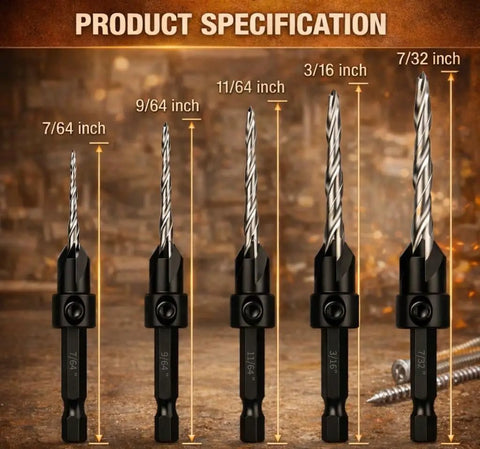 Five Pack Countersink Drill Bit Set With M2 HSS, Four-Flute Adjustable Tapered Countersink Bits With Hex Key, shown in sizes 4 to 12