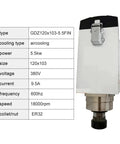5.5KW CNC Spindle Motor Square Air Cooled Built For Heavy Milling ER3.2 Chuck 380V 600Hz 18000 RPM with specifications chart