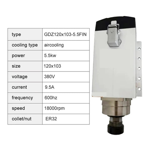 5.5KW CNC Spindle Motor Square Air Cooled Built For Heavy Milling ER3.2 Chuck 380V 600Hz 18000 RPM with specifications chart