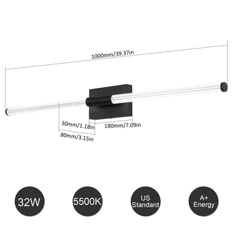 Modern LED Vanity Light For Bathrooms, 40 Inch Over Mirror Fixture, Matte Black, 32W 5500K, shown with dimensions